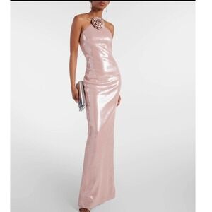 Rebecca Vallance Dress  US 4 UK 8 EUR 36 Pink Sequin Rosette Halter Maxi Gown